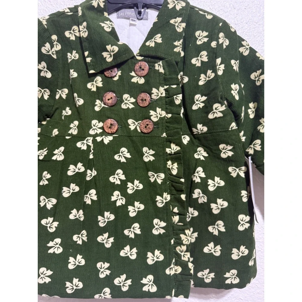 Les Petits‎ Soleils Jacket Kids 18M Green Corduroy Bow Print Ruffle NWT Preppy
